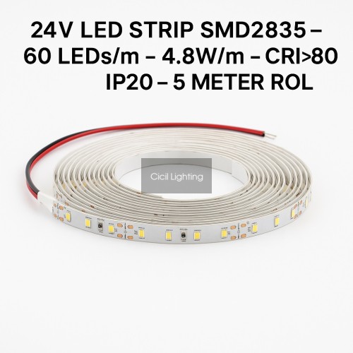 24V LED strip SMD2835 – 60 LEDs/m – 4.8W/m – CRI>80 – IP20 – 5 meter rol
