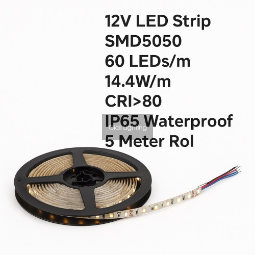 12V LED strip SMD5050 – 60 LEDs/m – 14.4W/m – CRI>80 – IP65 Waterdicht – 5 meter rol – RGB & Wit