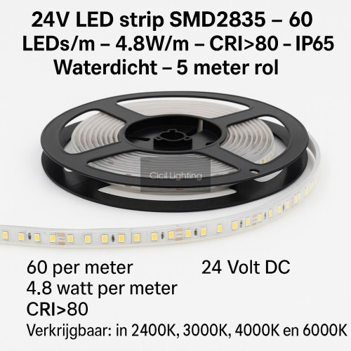 24V LED strip SMD2835 – 60 LEDs/m – 4.8W/m – CRI>80 – IP65 Waterdicht – 5 meter rol