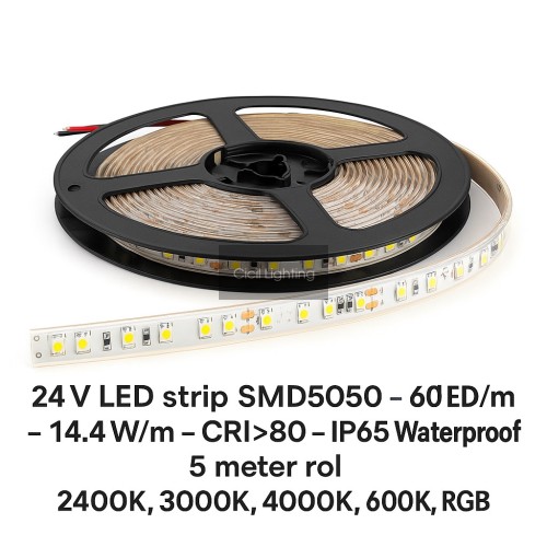 24V LED strip SMD5050 – 60 LEDs/m – 14.4W/m – CRI>80 – IP65 Waterdicht – RGB & Wit – 5 meter rol