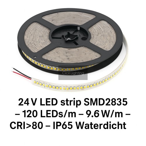 24V LED strip SMD2835 – 120 LEDs/m – 9.6W/m – CRI>80 – IP65 Waterdicht – 5 meter rol