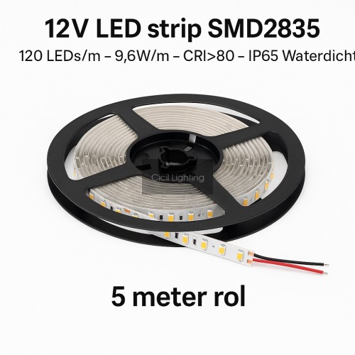 12V LED strip SMD2835 – 120 LEDs/m – 9.6W/m – CRI>80 – IP65 Waterdicht – 5 meter rol