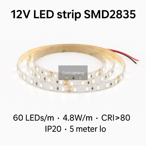 12V LED strip SMD2835 – 60 LEDs/m – 4.8W/m – CRI>80 – IP20 – 5 meter rol