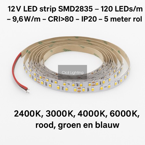 12V LED strip SMD2835 – 120 LEDs/m – 9.6W/m – CRI>80 – IP20 – 5 meter rol