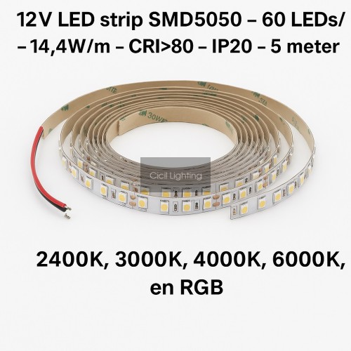 12V LED strip SMD5050 – 60 LEDs/m – 14.4W/m – CRI>80 – IP20 – 5 meter rol