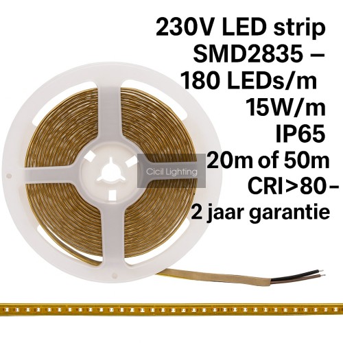 230V LED strip SMD2835 – 180 LEDs/m – 15W/m – IP65 – 20m of 50m – CRI>80 – 2 jaar garantie