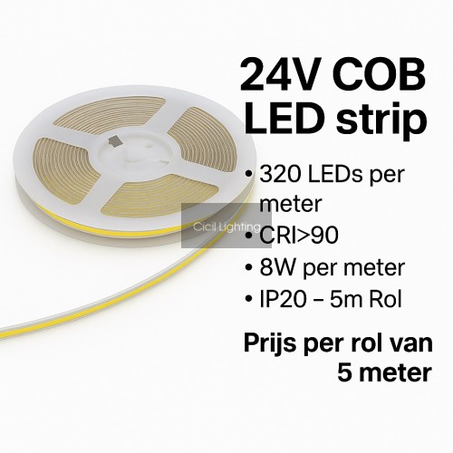 24V COB LED strip – 320 Chips/m – CRI>90 – 8W/m – IP20 – 5m Rol 