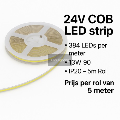 24V COB LED strip – 384 LEDs/m – 13W/m – CRI>90 – IP20 – 5 meter rol 