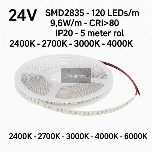 24V LED strip SMD2835 – 120 LEDs/m – 9.6W/m – CRI>80 – IP20 – 5 meter rol