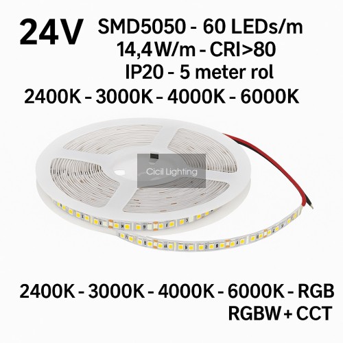 24V LED strip SMD5050 – 60 LEDs/m – 14.4W/m – CRI>80 – IP20 – RGB, RGBW, RGB+CCT & Wit – 5 meter rol